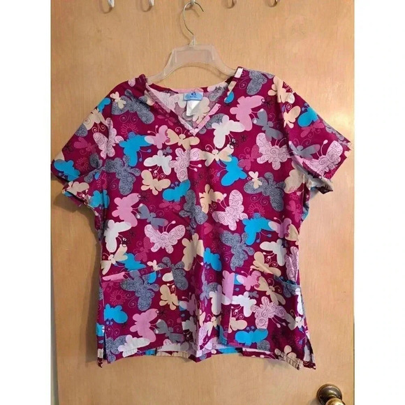 SB Scrubs Scrub Top  Large L Pink Mulberry Maroon Turquoise Grey Butterflies - Picture 3 of 4